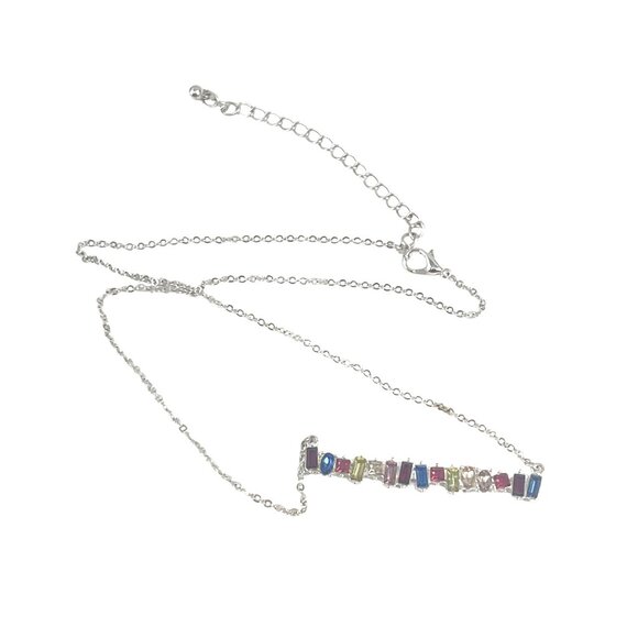 Silver-Tone Chain Necklace With Multi-Color Gem Accents & Abstract Bar Pendant - Picture 9 of 10